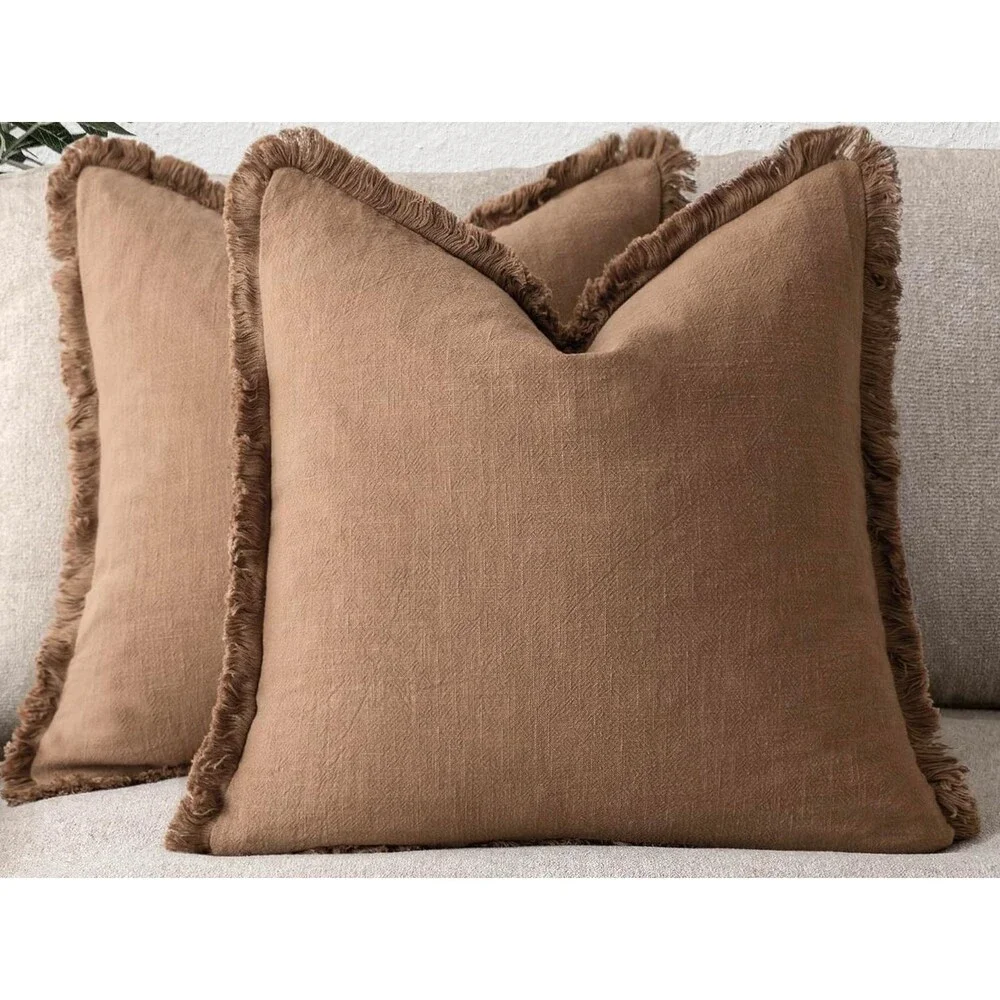 Set of 2 Linen Fringe Throw Pillow Covers Boho Farmhouse Khaki Brown 20x20 New